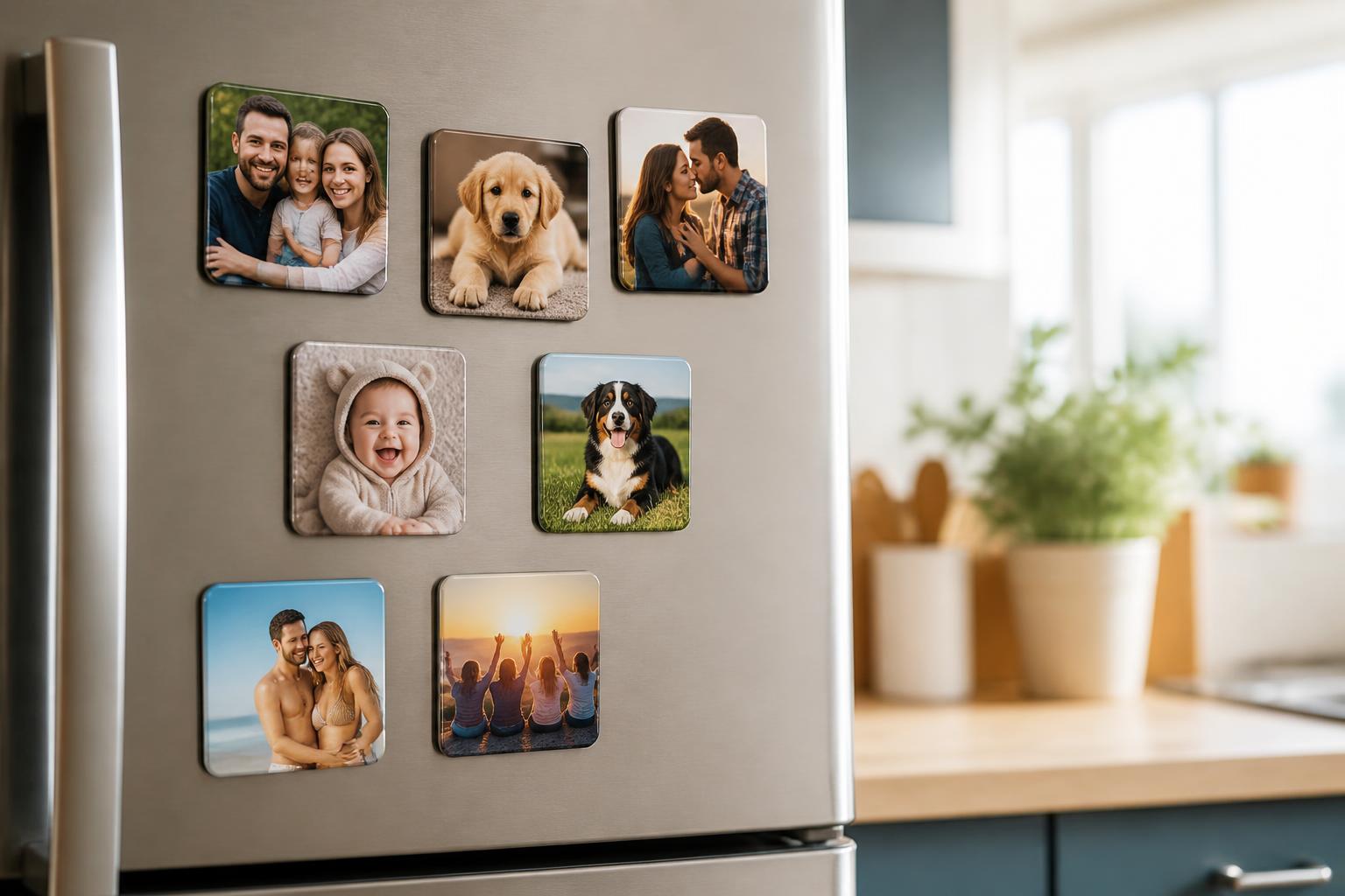 Porta de geladeira com vários ímãs personalizados de família, casal, bebê e pets